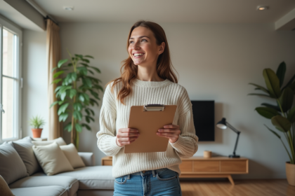 Femme inspectant un plafond dans un salon Airbnb moderne