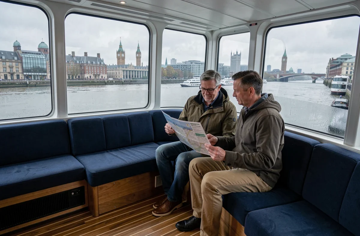 Intérieur d'un bateau de croisière sur la Tamise avec vue panoramique sur le fleuve
