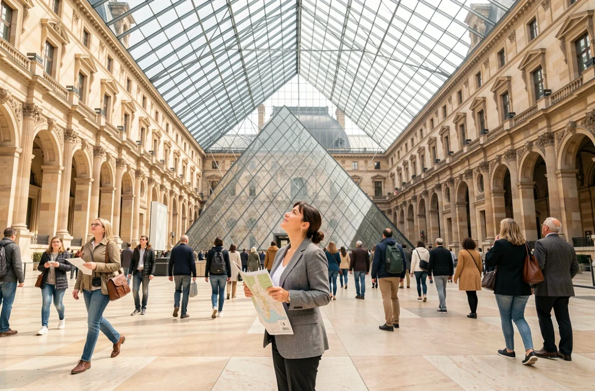 Touriste admirant la pyramide de verre du Louvre depuis l'intérieur du musée, Paris