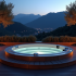 Jacuzzi extérieur au crépuscule sur terrasse en bois entouré d'oliviers