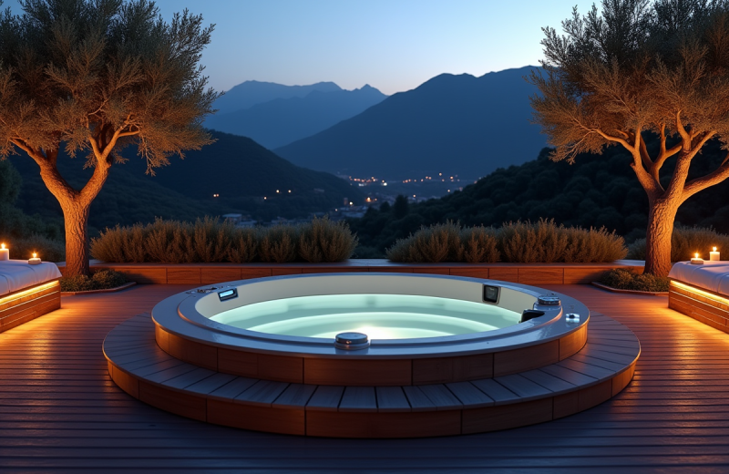 Jacuzzi extérieur au crépuscule sur terrasse en bois entouré d'oliviers
