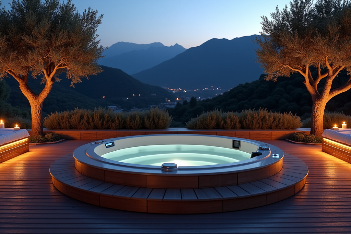 Jacuzzi extérieur au crépuscule sur terrasse en bois entouré d'oliviers