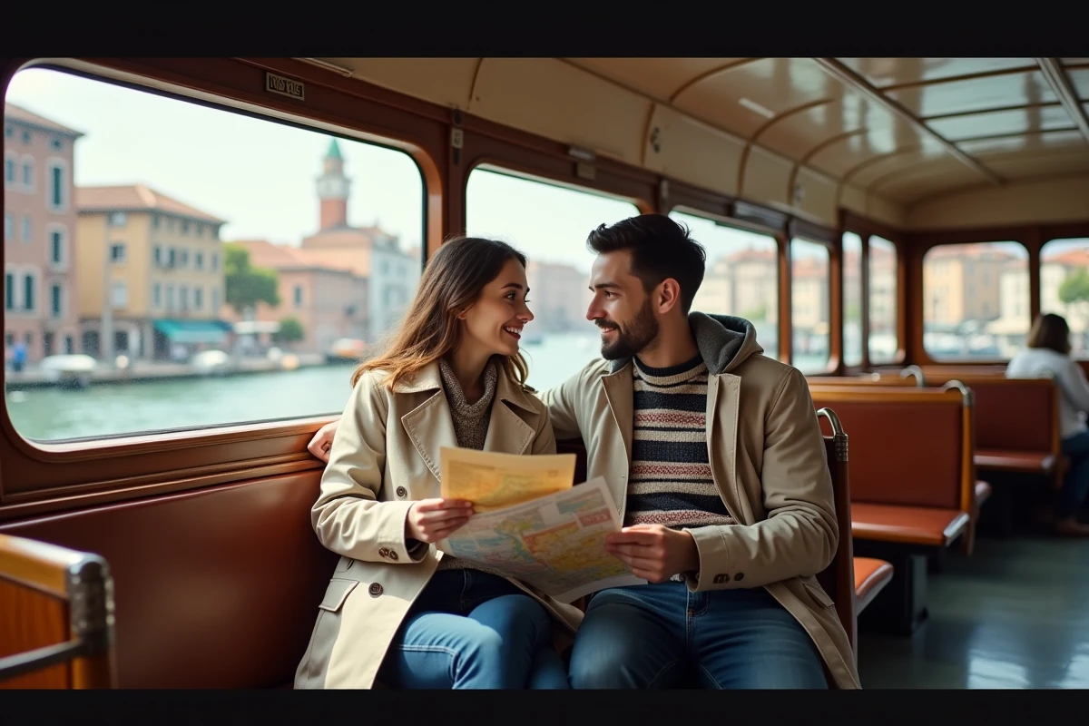 Jeune couple échangeant des cartes dans un vaporetto à Venise