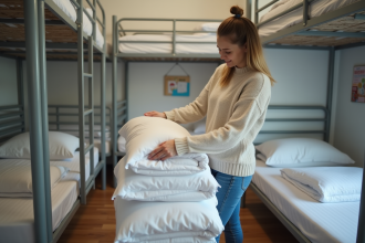 Jeune femme déployant des draps blancs dans un dortoir minimaliste