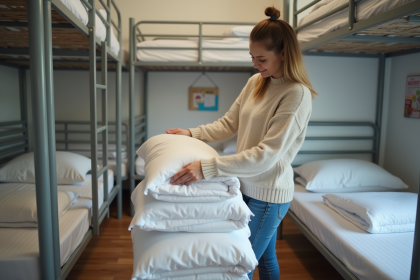 Jeune femme déployant des draps blancs dans un dortoir minimaliste