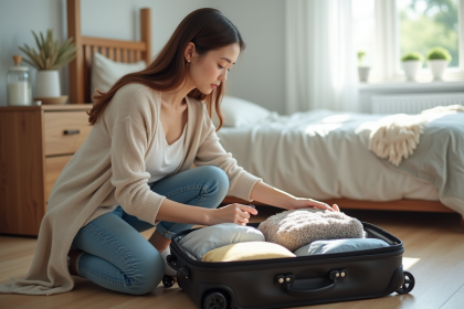 Jeune femme organisant sa valise dans une chambre lumineuse