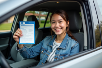 Jeune femme souriante avec permis de conduire en voiture
