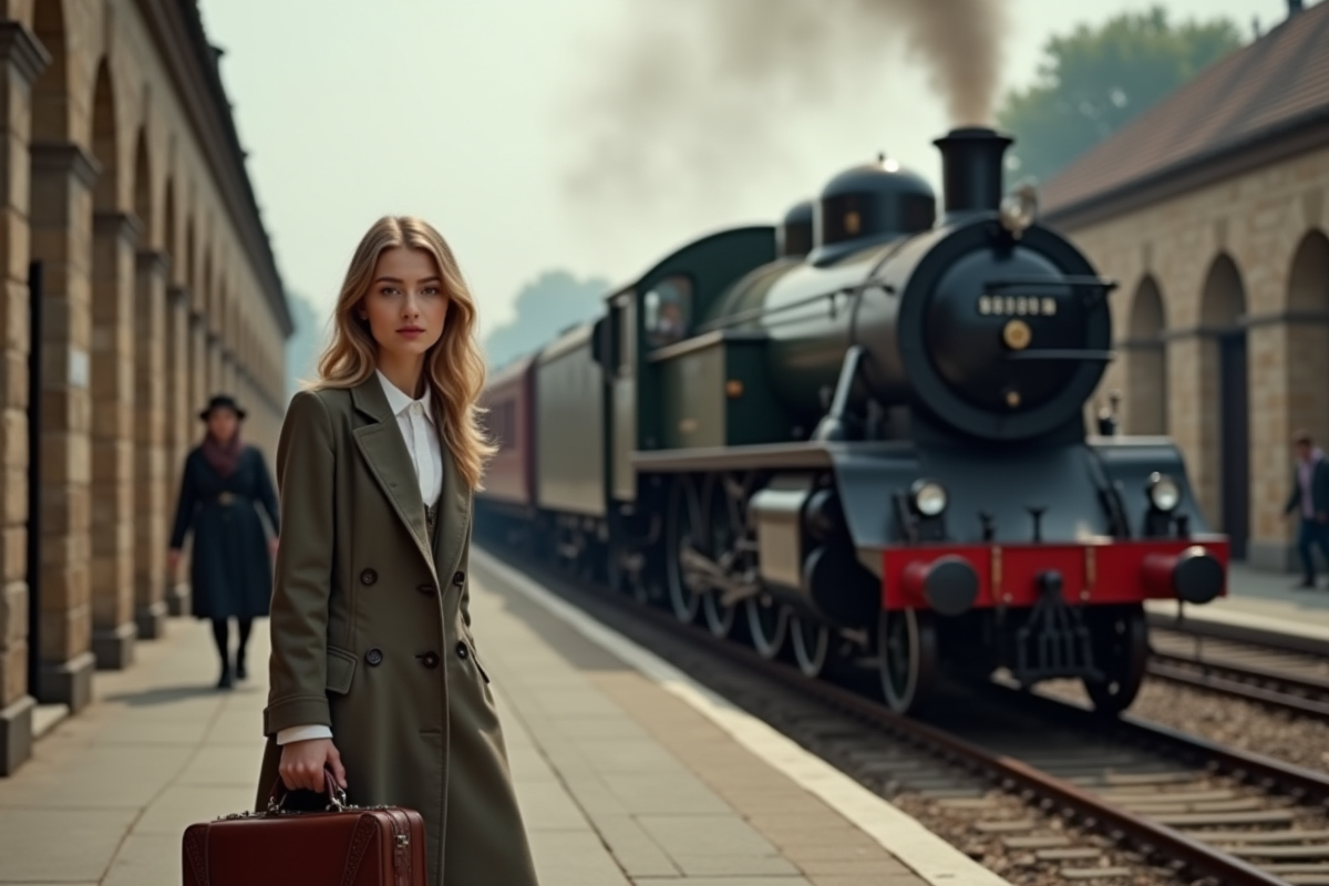 Jeune femme sur une plateforme de train avec valise