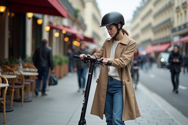 Jeune femme ajustant son casque près d’un scooter électrique à Paris