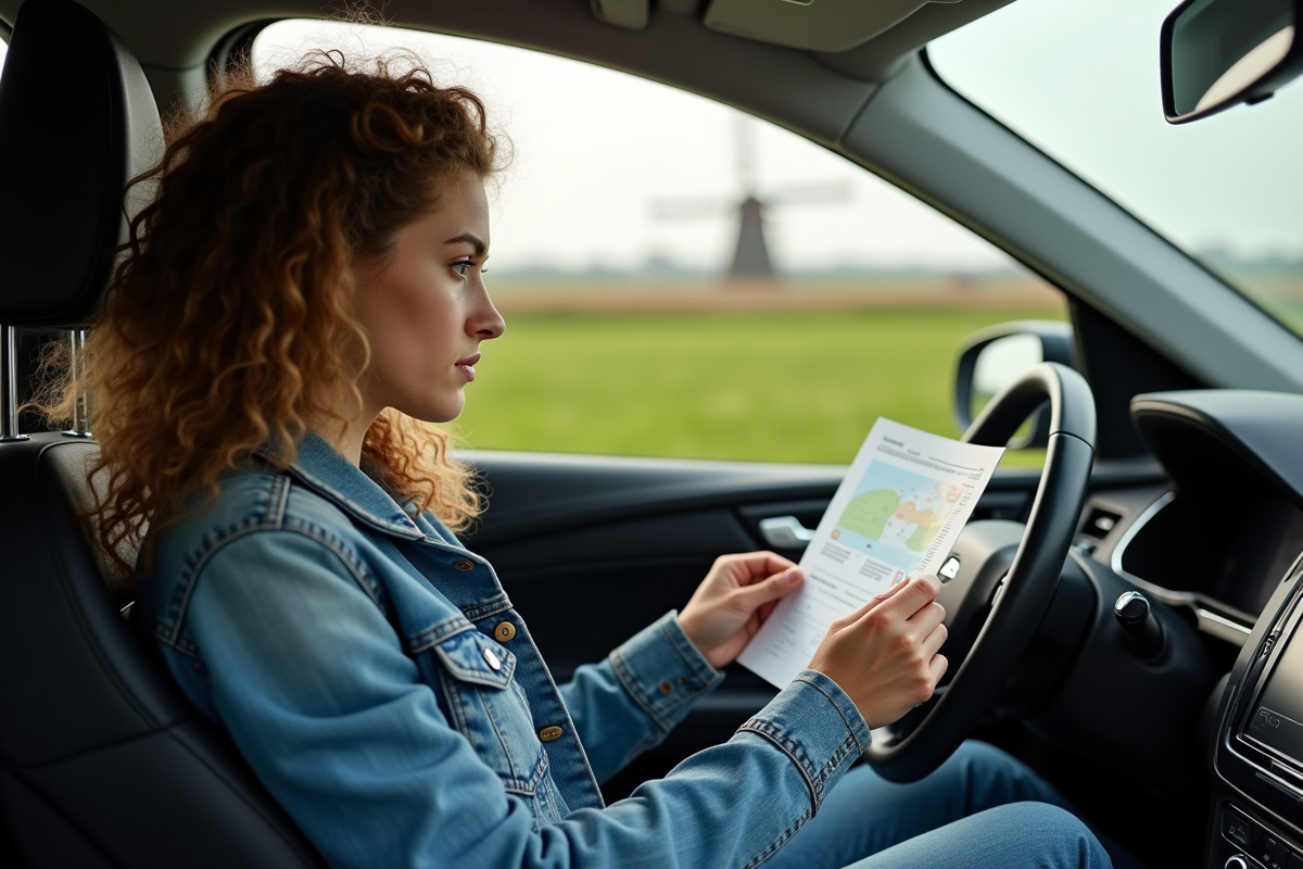 Jeune femme dans une voiture regardant une vignette dans la campagne néerlandaise