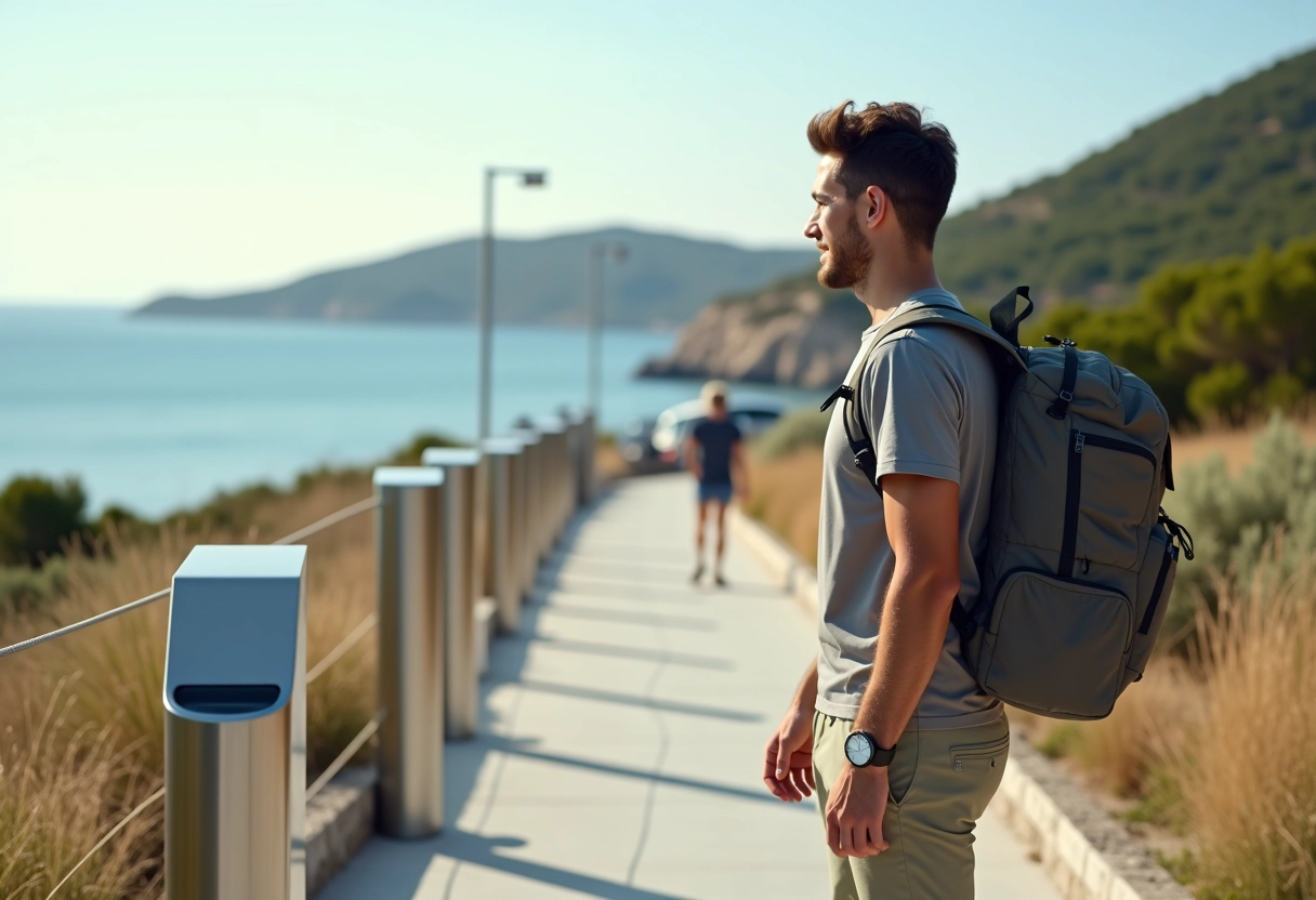 Jeune homme approchant la barriere de parking à Palombaggia