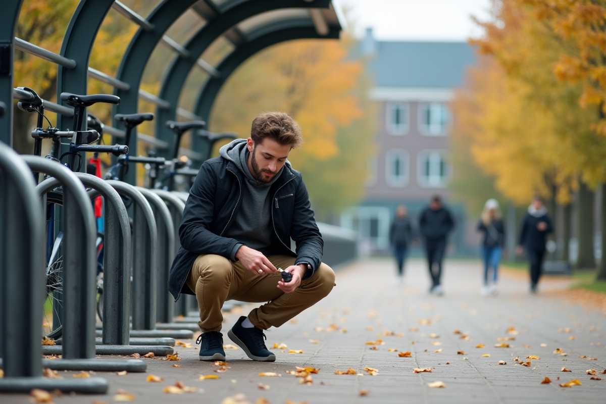 Jeune homme néerlandais attache son vélo dans un campus