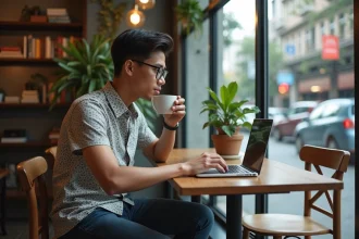 Jeune homme philippin travaillant dans un café à Manille