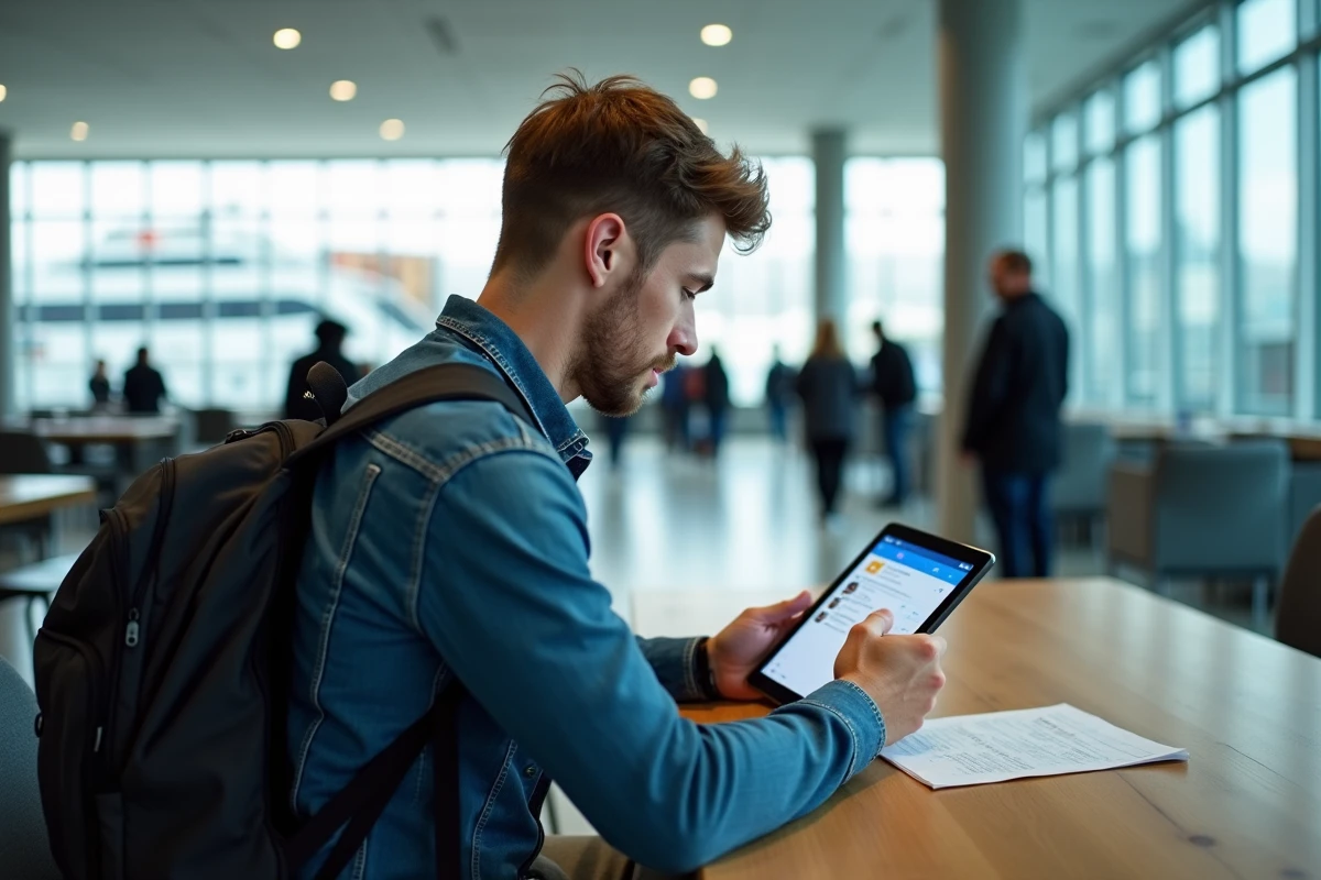 Jeune homme avec sac à dos utilisant une tablette dans le terminal