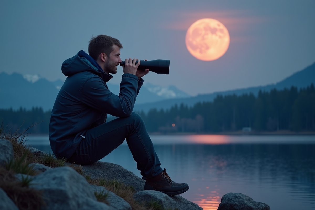 Jeune homme avec télescope près d’un lac au coucher du soleil