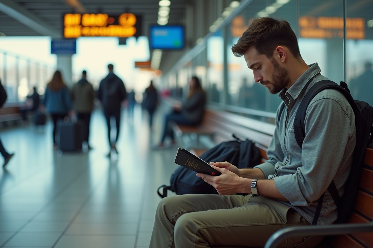 Jeune homme vérifiant son passeport à la gare