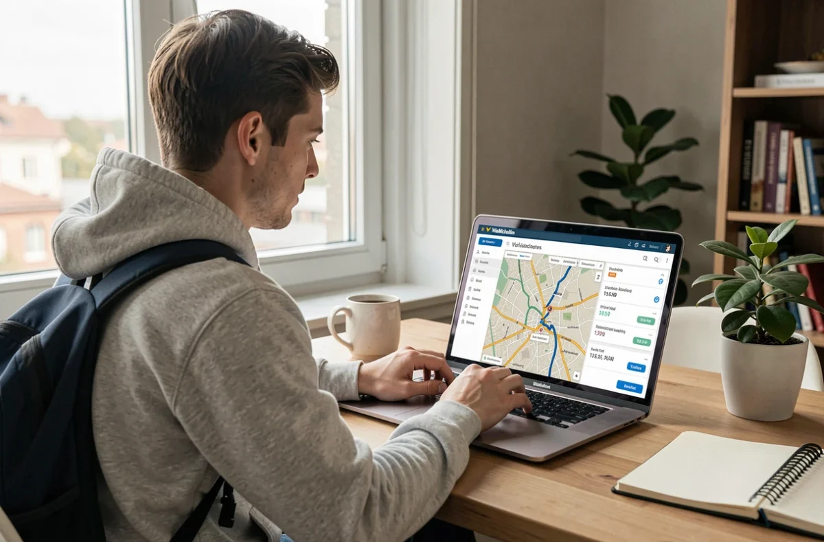 Jeune professionnel planifiant son trajet domicile-travail sur un ordinateur portable avec un calculateur d'itinéraire