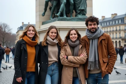 Groupe de jeunes adultes devant la statue de Marianne à Paris