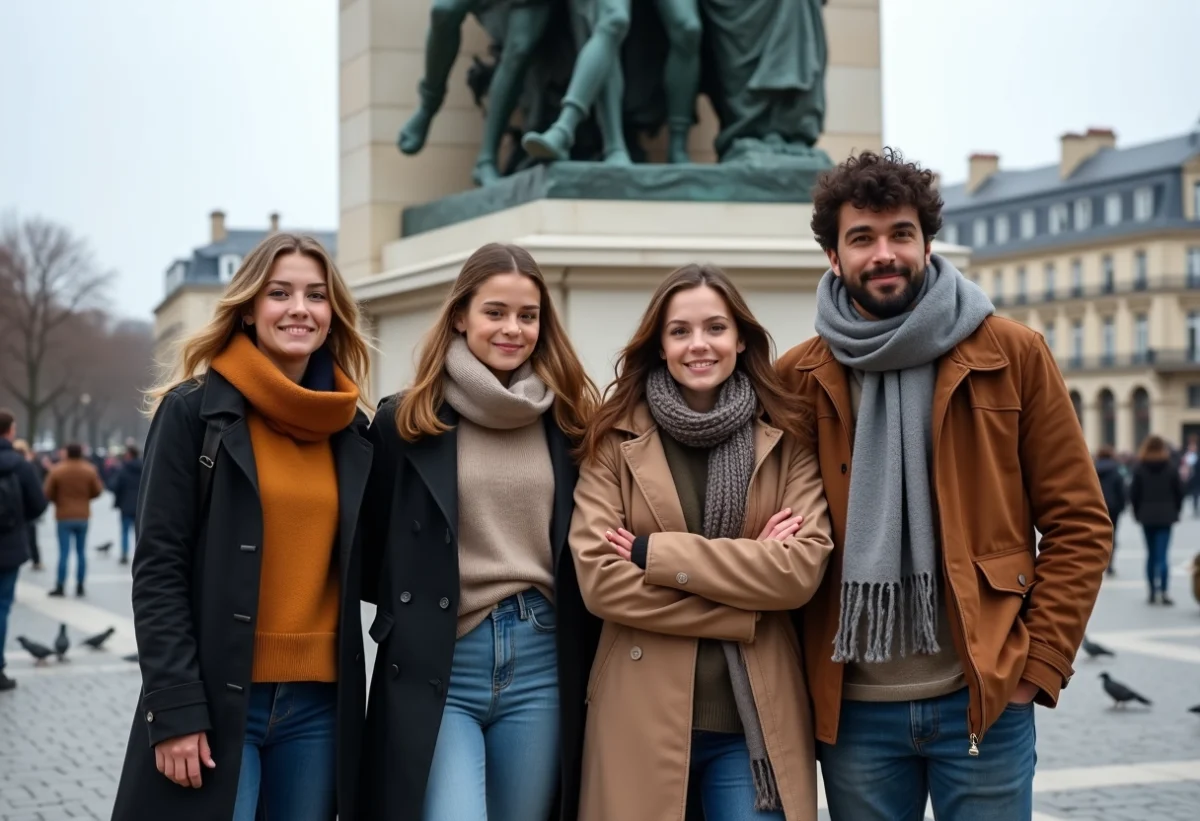 Groupe de jeunes adultes devant la statue de Marianne à Paris