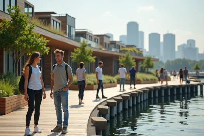 Groupe de jeunes adultes sur une ville flottante moderne