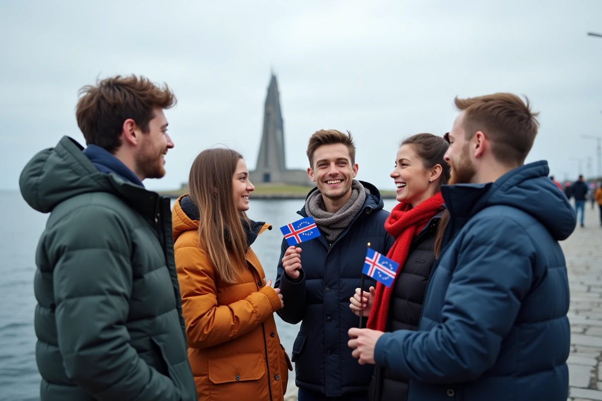 Jeunes discutant avec drapeaux d