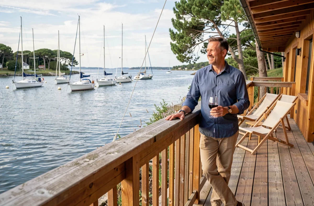 Terrasse en bois du Lodge Kerisper à La Trinité-sur-Mer avec vue sur l'estuaire et les voiliers