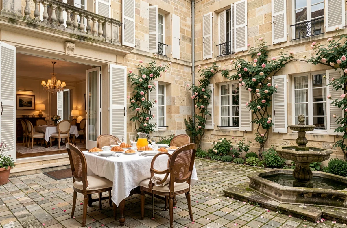 Les Bujours à Saintes, maison de maître du XVIIIe siècle avec cour intérieure fleurie et table du petit-déjeuner en porcelaine fine