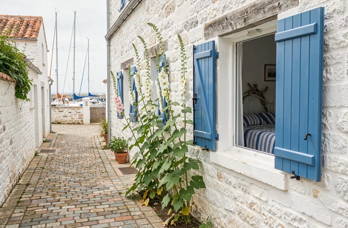 Le Logis du Port à La Flotte-en-Ré, maison blanche aux volets bleus avec roses trémières dans une ruelle pavée menant au port