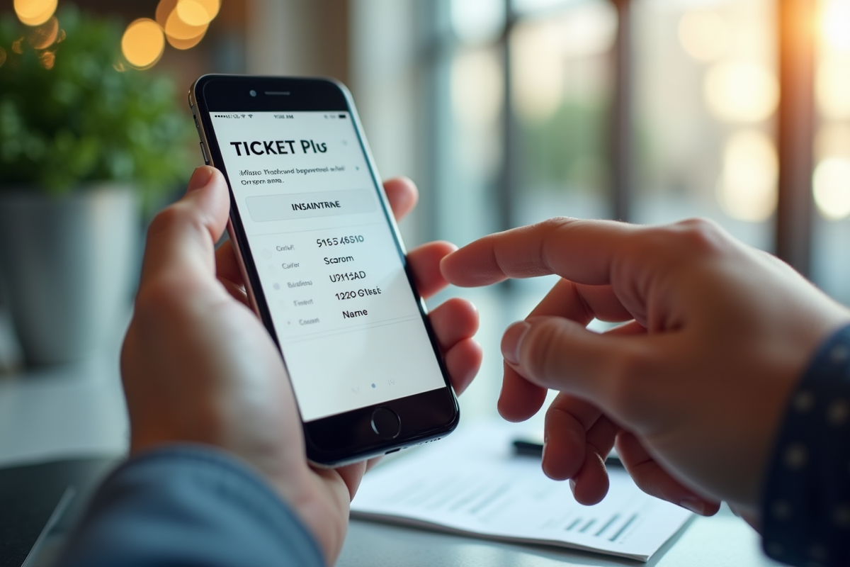 Mains tenant un billet imprimé et un smartphone dans un bureau lumineux