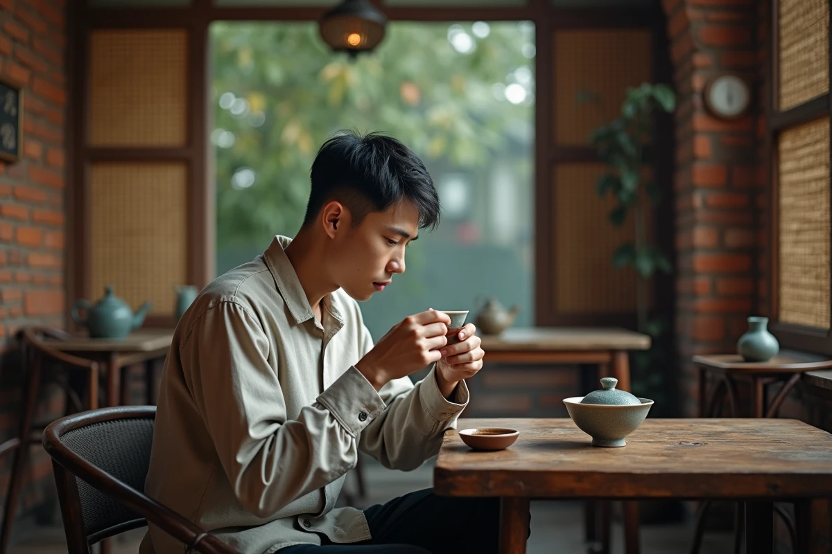 Jeune homme savourant le thé dans une maison de thé traditionnelle centenaire du quartier Liwan à Guangzhou