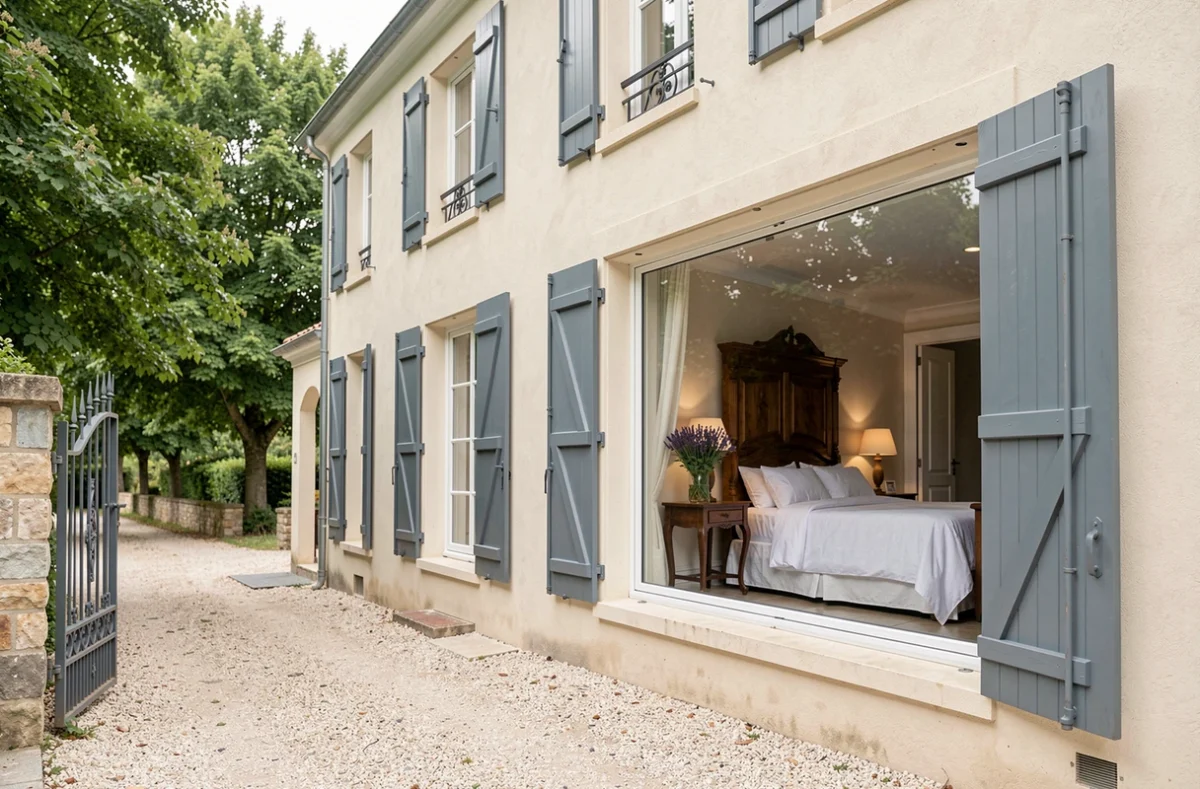 Extérieur de la Maison d'hôtes Calone, maison bourgeoise charentaise avec volets bleus, portail en fer forgé et allée arborée