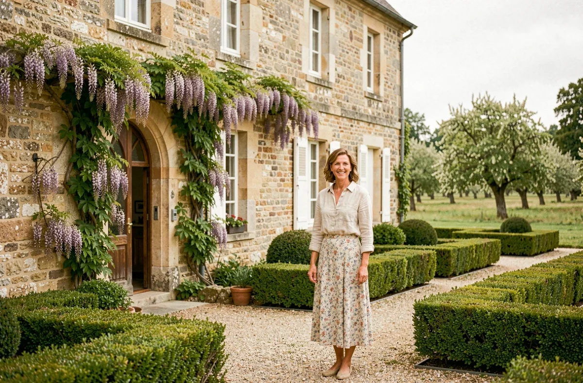 Façade de la Maison d'hôtes de la Groie l'Abbé, manoir en pierre charentaise avec jardin formel et accueil chaleureux à l'entrée