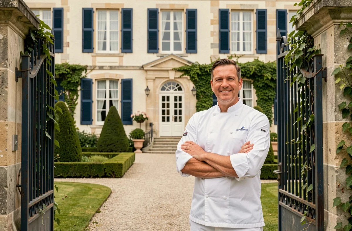 Façade du Manoir du Cunningham à Saint-Malo avec chef cuisinier devant l'entrée et jardin classique