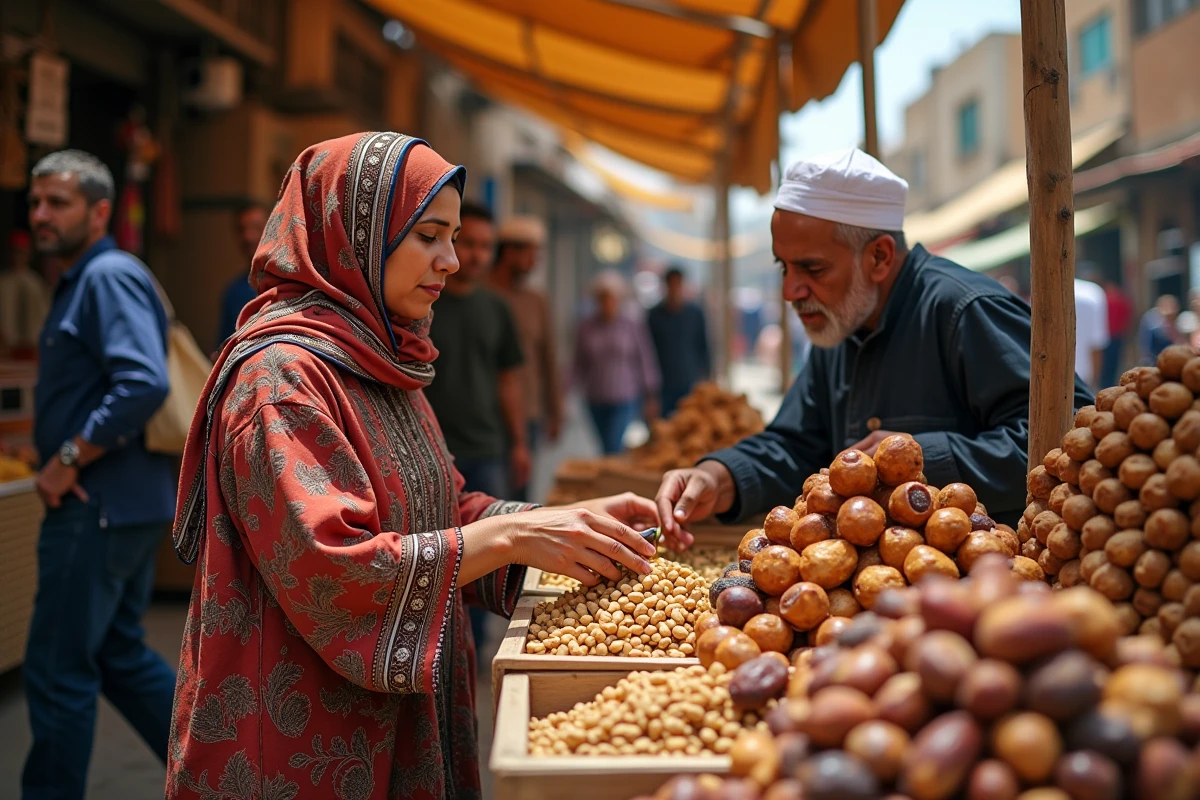 Femme marocaine choisissant des dattes au marché de Tanger juste avant l'iftar pendant le ramadan