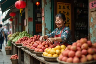 Vendeuse de fruits tropicaux au marché local traditionnel de Guangzhou dans une ruelle animée de Guangdong