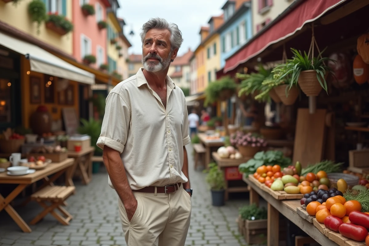 Homme explorant un marché en plein air d'une ville européenne pittoresque et fraîche, voyage économique en août