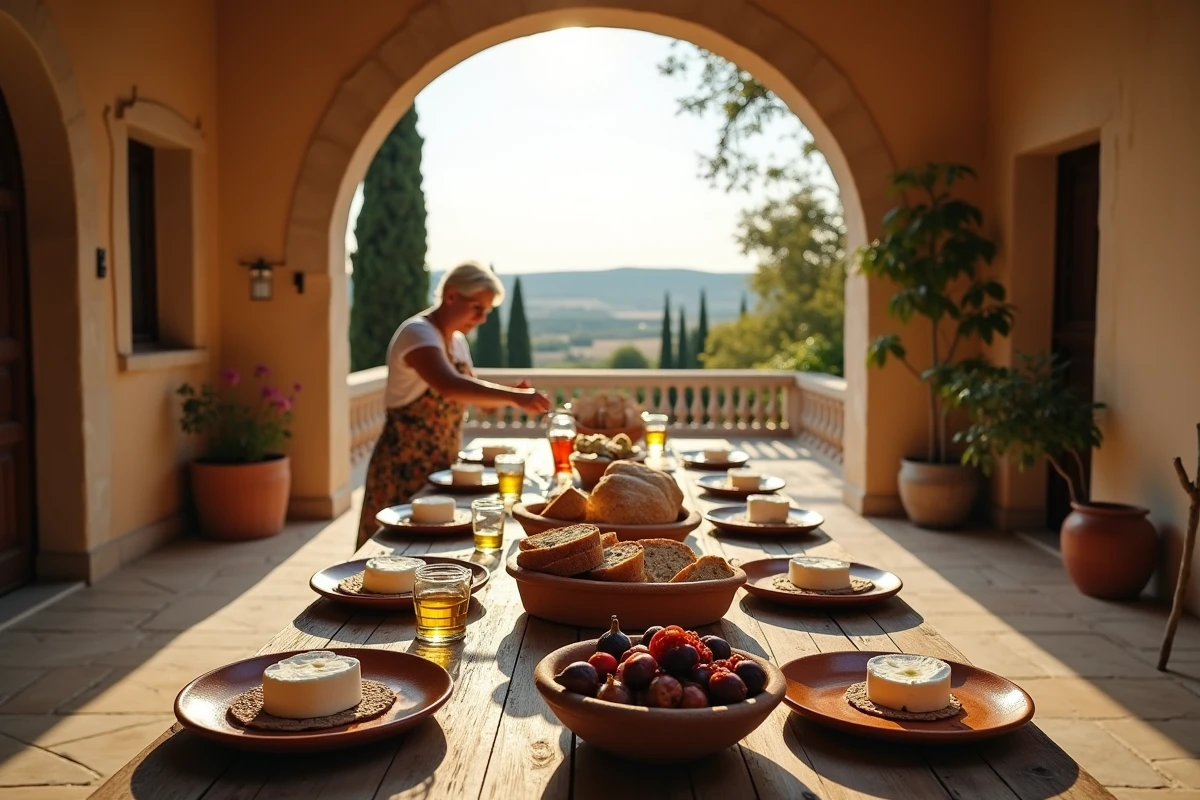 Table dressée dans la cour d'une masseria des Pouilles avec produits locaux, burrata et tomates séchées, dans un cadre rural authentique