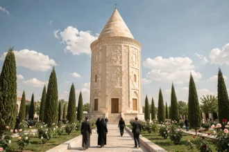 Mausolée d'Avicenne à Hamadan en Iran entouré de jardins persans avec des visiteurs en promenade