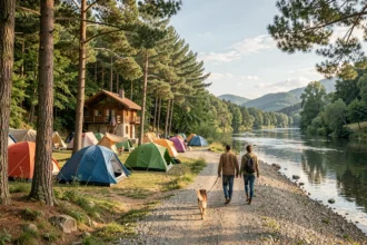 Vue panoramique d'un camping familial dans l'Ain avec tentes colorées, chalets en bois et rivière calme entourée de collines verdoyantes