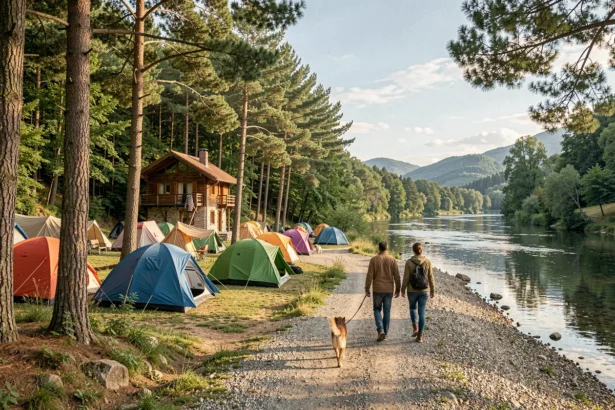 Vue panoramique d'un camping familial dans l'Ain avec tentes colorées, chalets en bois et rivière calme entourée de collines verdoyantes