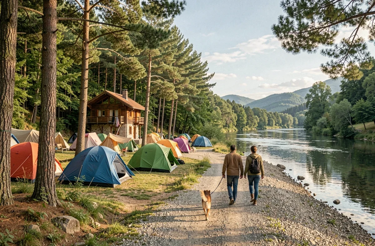 Vue panoramique d'un camping familial dans l'Ain avec tentes colorées, chalets en bois et rivière calme entourée de collines verdoyantes
