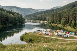 Vue panoramique d'un camping familial en Bourgogne-Franche-Comté avec lac, forêts et tentes colorées dans un paysage naturel