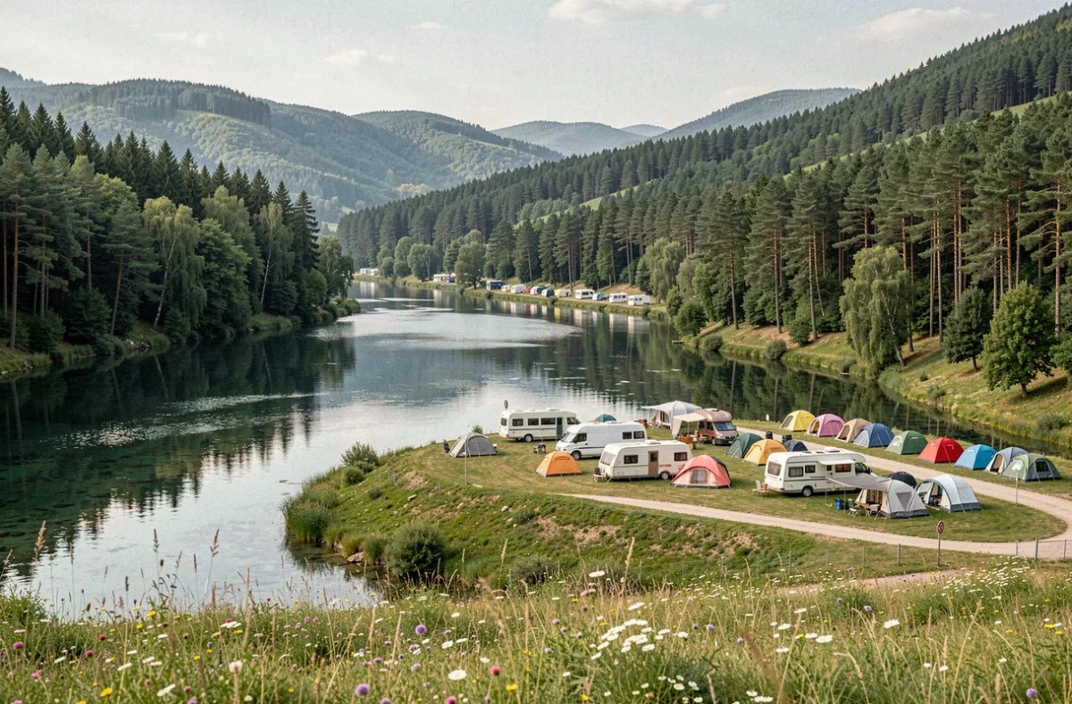 Vue panoramique d'un camping familial en Bourgogne-Franche-Comté avec lac, forêts et tentes colorées dans un paysage naturel