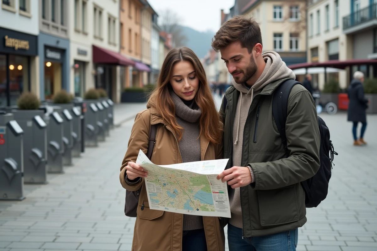 Couple de jeunes adultes consultant un plan des transports en commun près d'une station de vélos partagés dans une zone piétonne de Rodange-Pétange, Luxembourg