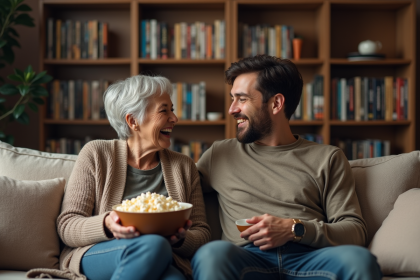 Deux personnes partageant un popcorn dans un salon cinéma nostalgique