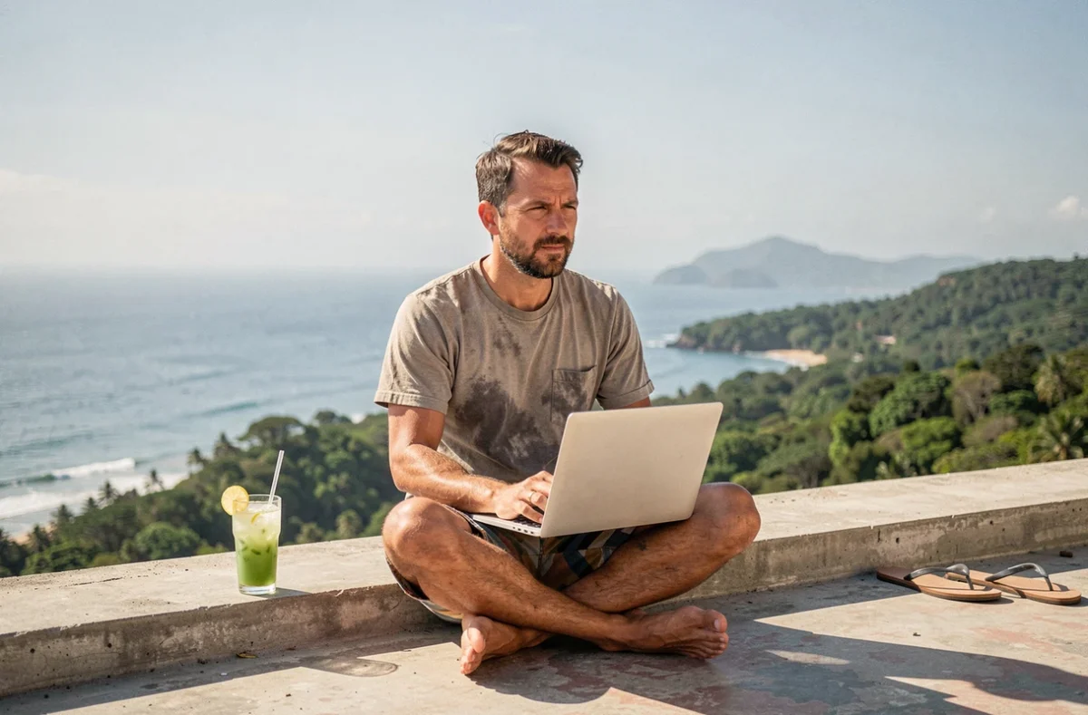 Nomade numérique travaillant sur un rooftop à Mazunte avec vue panoramique sur l'océan Pacifique mexicain