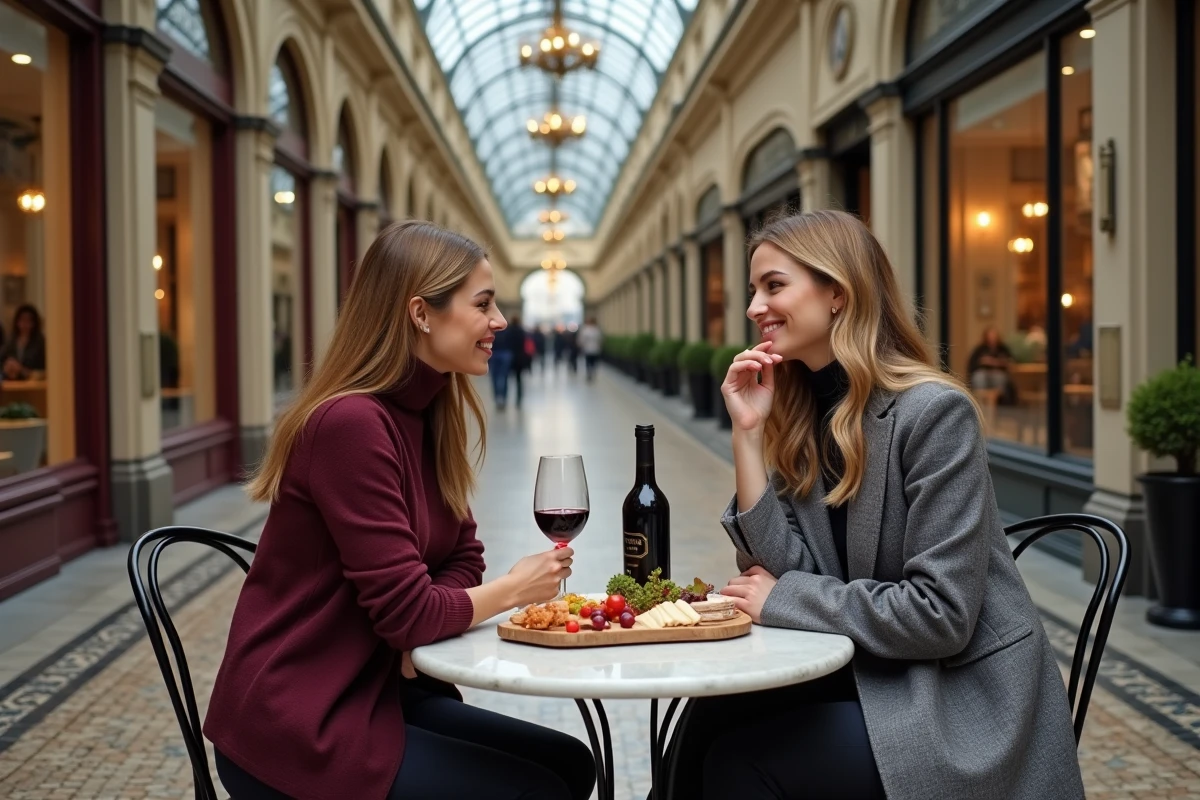 Deux amies partageant un repas et du vin rouge dans un passage couvert parisien élégant sous la pluie