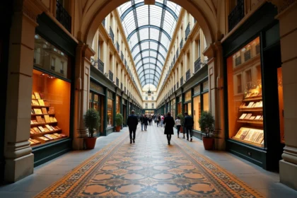 Vue en perspective du passage Vivienne à Paris avec son sol en mosaïque et sa verrière en fer forgé