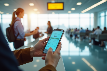 Personne tenant un smartphone avec carte d'embarquement à l'aéroport
