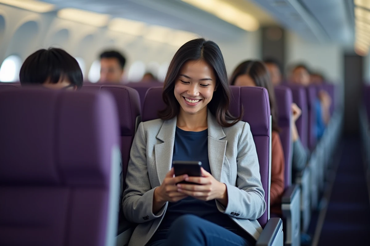 Passagère détendue en classe économique dans un avion long-courrier low cost French bee, assise confortablement avec son téléphone